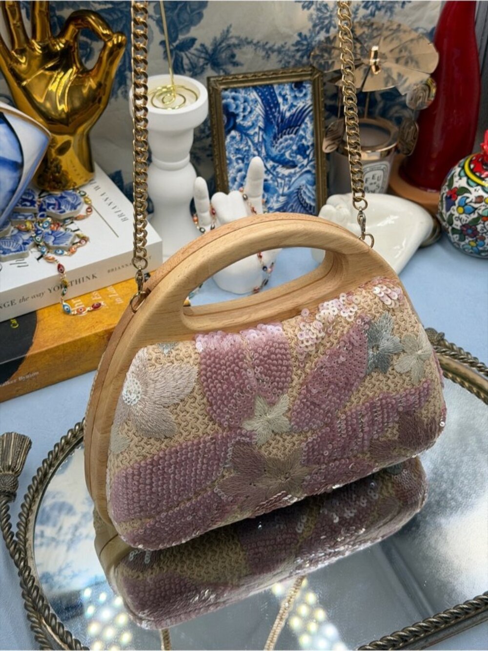 🆕 HAUTE HIPPIE 🧿 NWOT Floral Sequin & Crochet Wooden Clutch w Chain, Pink - Picture 6 of 16